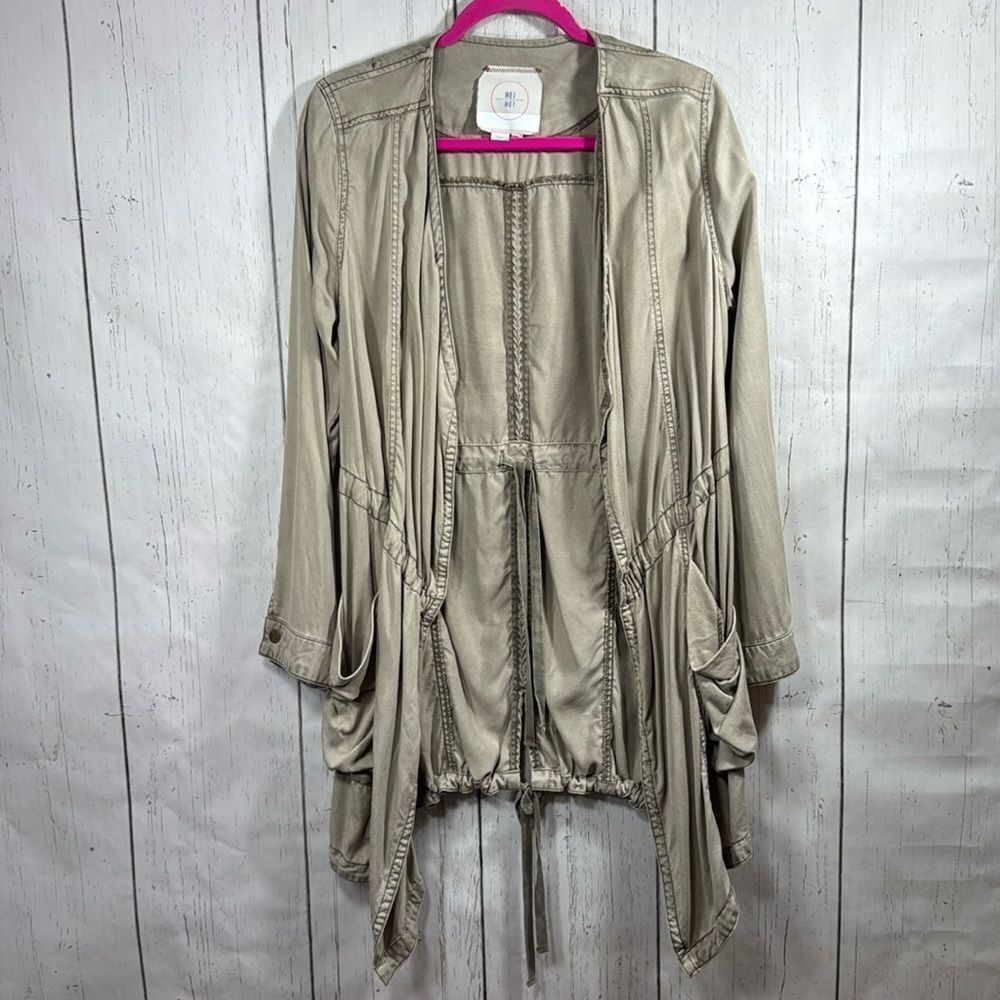 Anthropologie Hei Hei Morgan Cotton Utility Dropped Open Front Tan Pocket Jacket